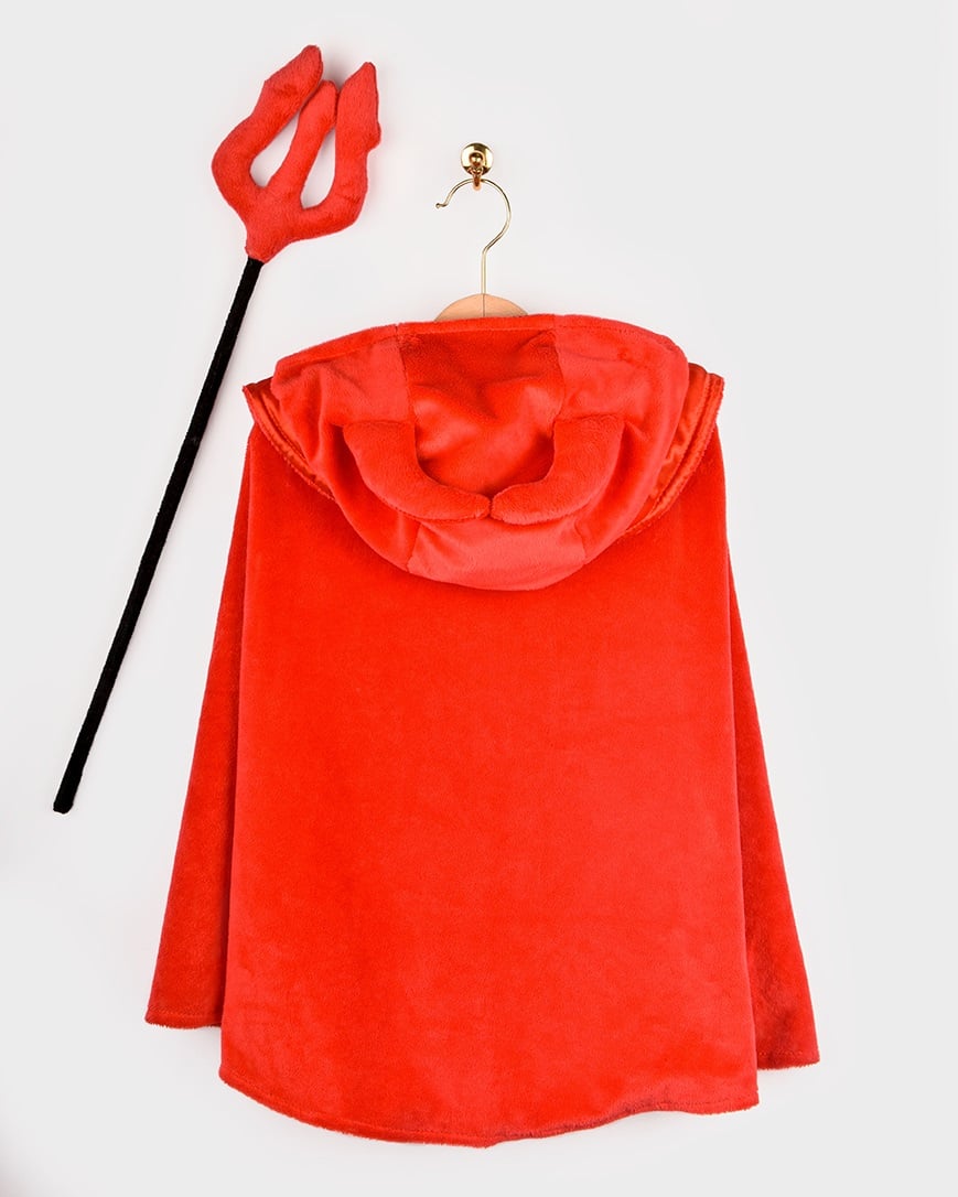 Lasten Naamiaisasu Viitta Pirunsarvilla + Pehmeä Hiilihanko 3-7v.