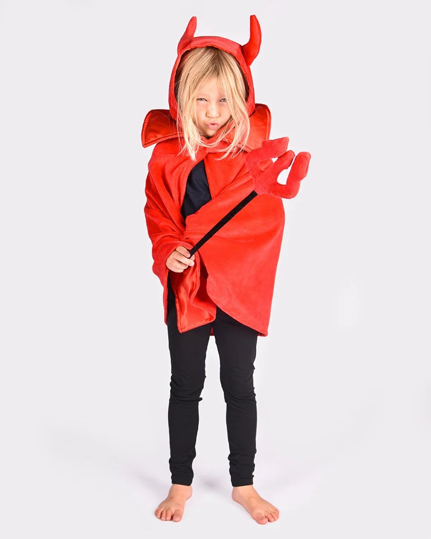 Lasten Naamiaisasu Viitta Pirunsarvilla + Pehmeä Hiilihanko 3-7v.