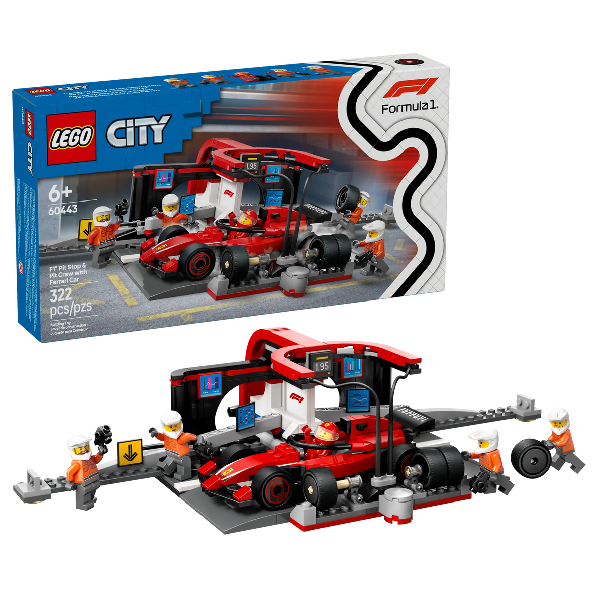 LEGO City 60443 F1®-Varikkopysähdys ja Varikkomiehistö sekä Ferrari-auto