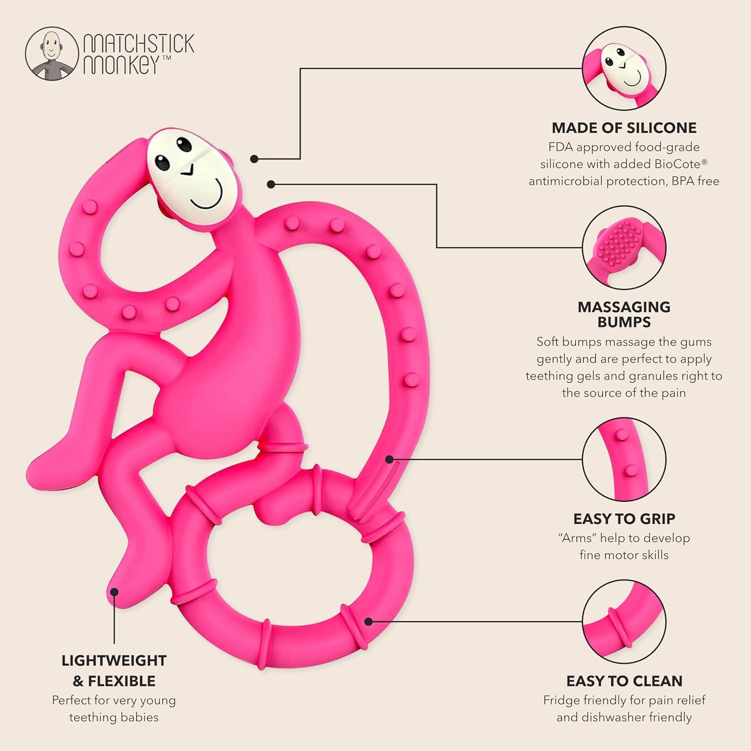 Matchstick Monkey Mini Teether Purulelu Pinkki