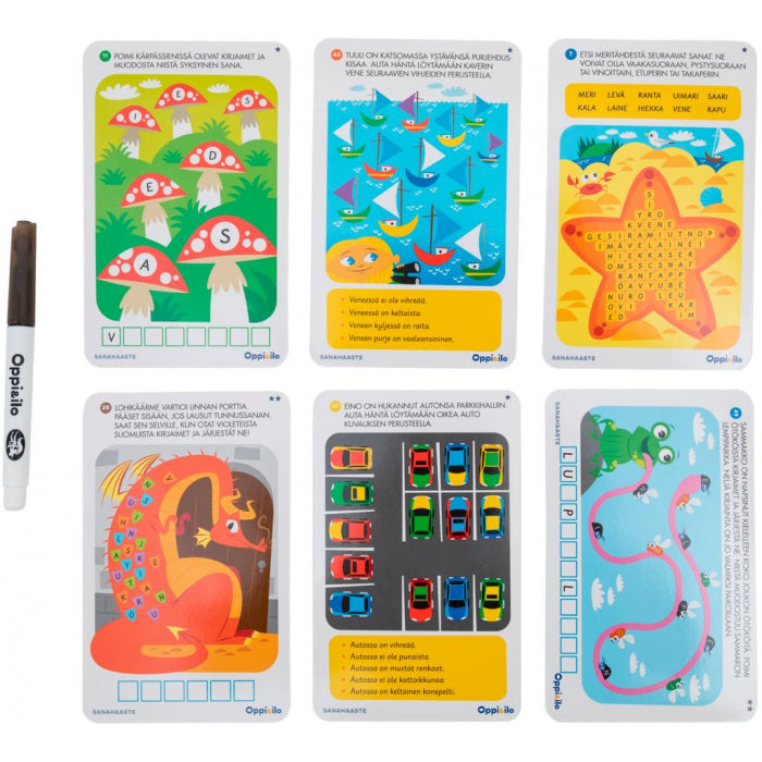 Oppi ja Ilo Pyyhittävät Puuhakortit Sanahaaste (8-10v)