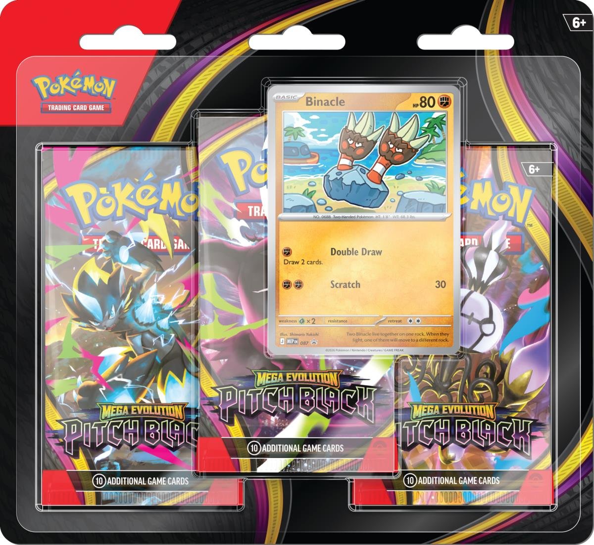 Pokemon Mega Evolution Pitch Black Blister Booster Pack x3 ja Erikoiskortti
