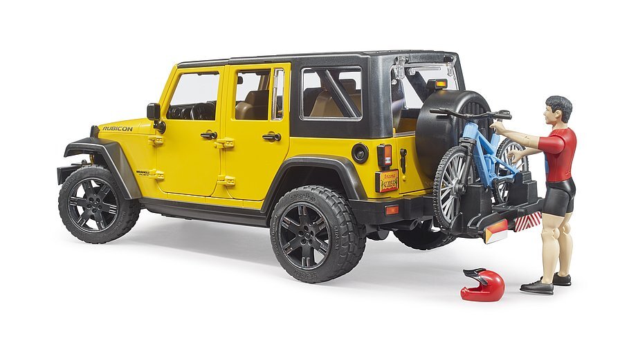 Bruder 02543 Jeep Wrangler Rubicon ja Maastopyöräilijä