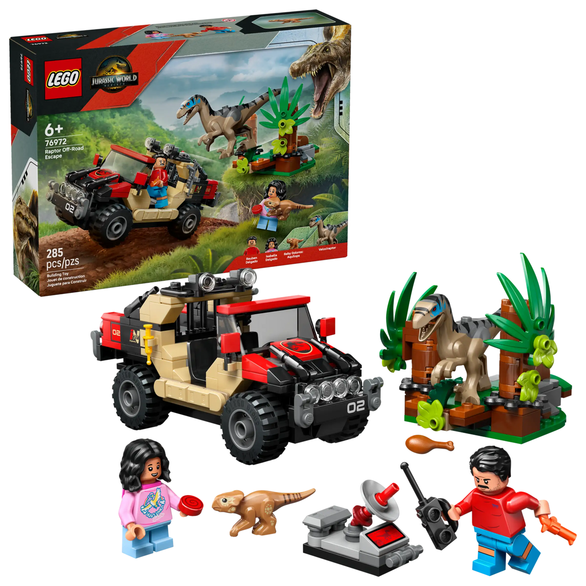 LEGO Jurassic World 76972 Raptor ja Pako Maastoautolla
