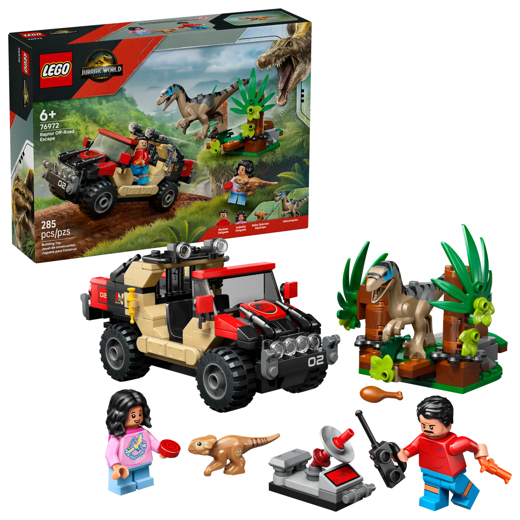 LEGO Jurassic World 76972 Raptor ja Pako Maastoautolla
