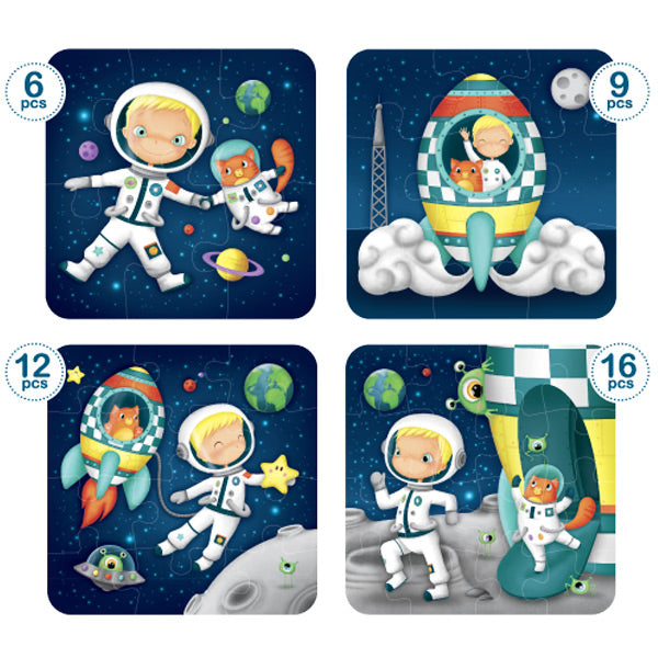4 Astronautti palapeliä laatikossa
