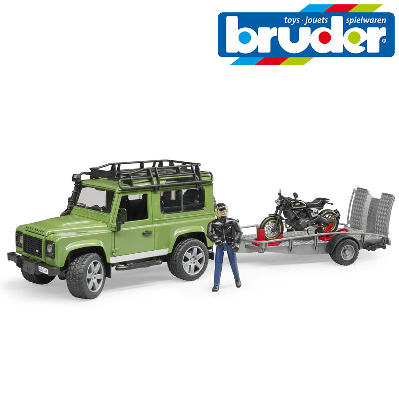 Bruder Land Rover Defender + traileri & moottoripyörä