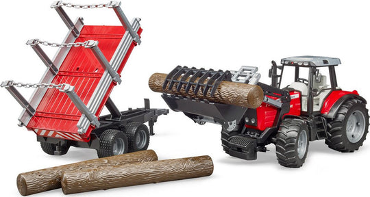 Bruder Massey Ferguson Traktori Etukuormaajalla sekä Tukkikärry 1:16
